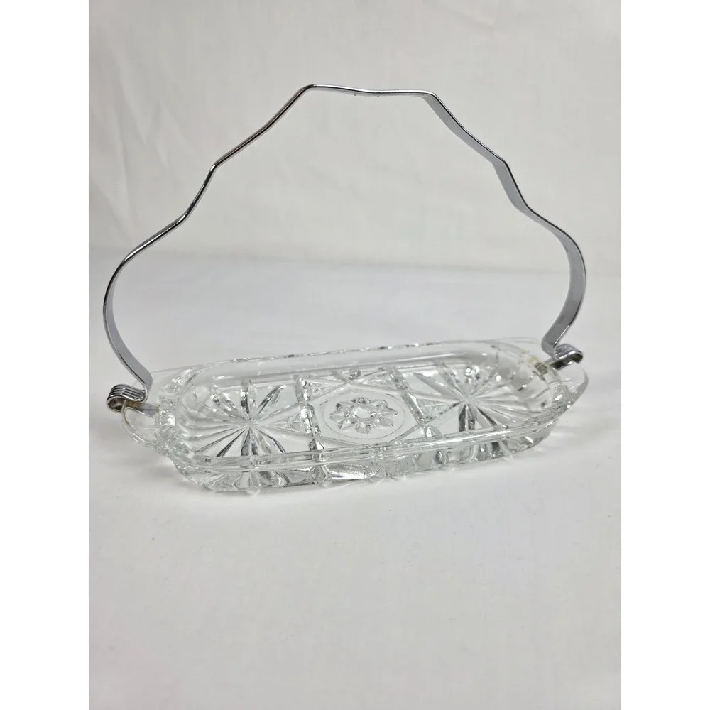 Vintage Glass‎ Relish Tray Chrome Handle Starburst Cut Pattern Candy Dish Server